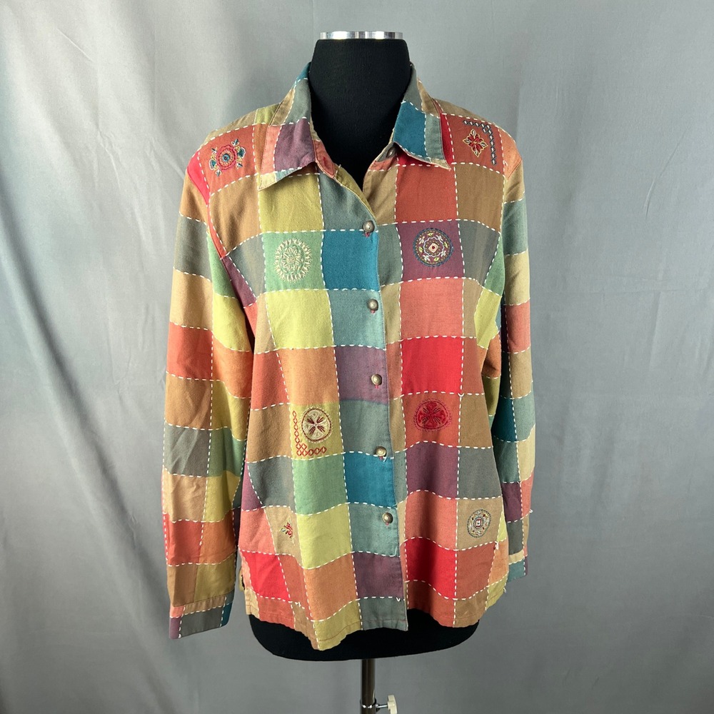 Vintage Koret Shirt Womens Large Multi Patchwork Embroidered Side Slit Button Up